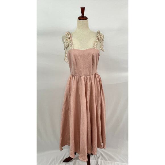 BEDRA Vintage Sz S Small Pale Pink Linen Tie Shoulder Midi Juliet Dress NWT - Picture 9 of 13